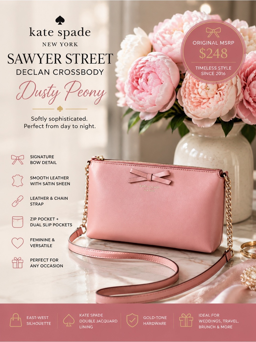 kate spade Sawyer Street Declan | Dusty Peony Leather Crossbody - Chain Strap